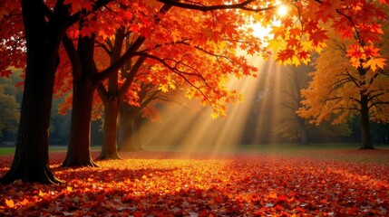 Poster - Golden sunlight streams through vibrant autumn foliage, illuminating a carpet of fallen leaves on a tranquil park lawn.