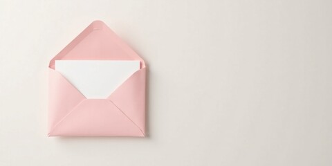 Poster - A gently opened pale pink envelope containing a blank white card rests on a light background, ready for a personal message or important correspondence.