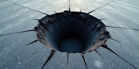 Poster - A Conical Depression in a Dark Grey Pavement, Surrounded by Radiating Cracks