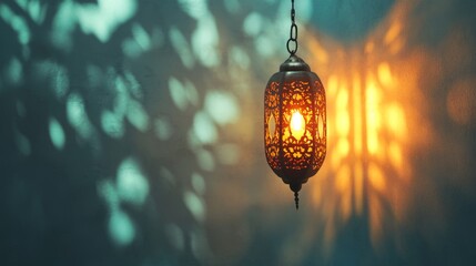 Wall Mural - festive arabic lantern illuminated against a warm ramadan kareem background, capturing the spirit of ramadan with soft lighting and traditional cultural elements for celebratory atmospheres and holid