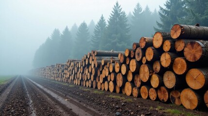 Aufkleber - Misty morning forest road lined with neatly stacked tree trunks, ready for transport