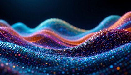 Poster - Abstract Flowing Data Waves with Colorful Digital Mosaic Background Texture