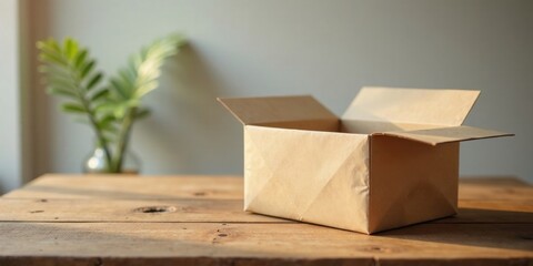 Poster - A partly opened empty cardboard box rests on a rustic wooden table, bathed in warm sunlight, with a blurred leafy green plant in the background.