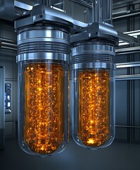 Poster - Two glowing amber cylindrical containers housed in a futuristic metallic framework.