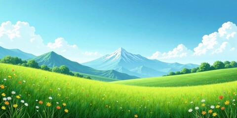 Poster - Serene Meadow Landscape Featuring a Majestic Snow-Capped Mountain Range Under a Bright Sunny Sky