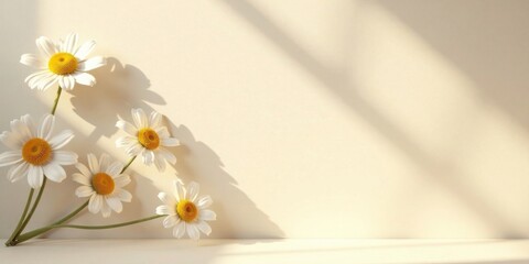 Aufkleber - Serene chamomile blossoms arranged artfully against a soft, sunlit backdrop, creating a minimalist floral scene ideal for various design applications.