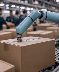 Poster - Robotic Arm Applying Tape to Cardboard Box on Conveyor Belt in Factory