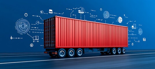 Poster - Smart Logistics: Red Cargo Container Truck with Digital Network Overlay