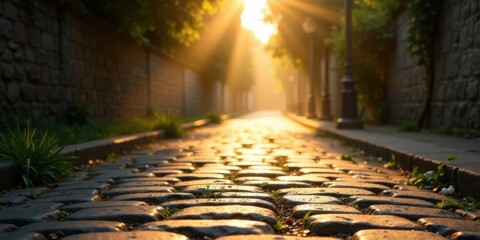 Aufkleber - Golden Hour Illumination on a Cobblestone Lane, Bathed in Sunlight's Embrace, Leading to a Misty Horizon