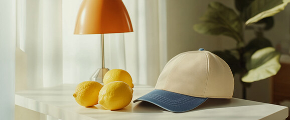 Poster - A beige cap, fresh lemons, and an orange lamp on a modern table, bathed in soft light, creating a refreshing and bright interior scene filled with casual, vibrant style.