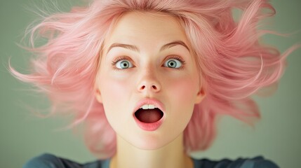 Wall Mural - Woman with pink hair and blue eyes is looking surprised