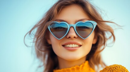 Wall Mural - Woman wearing a pair of blue sunglasses with a heart shape on the lenses