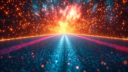 Wall Mural - digital road with glowing light and sparks for futuristic designs and backgrounds.