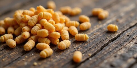 Poster - A delightful pile of golden, crunchy, small baked treats scattered on a rustic wooden surface.