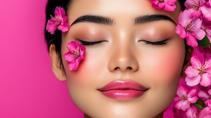 Wall Mural - Woman with a pink background and pink flowers on her face