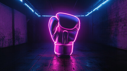 Poster - A glowing neon pink boxing glove stands against a dark background with neon lights, symbolizing strength, power, and modern aesthetics in sports and fitness culture.