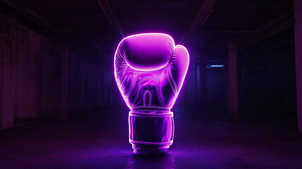 Aufkleber - A glowing neon purple boxing glove stands out in a dark, industrial space with vibrant neon lights, symbolizing strength, energy, and modern sports aesthetics.