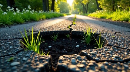 Aufkleber - Resilience of Nature Young Plants Sprouting Through Cracked Asphalt Path in a Sunny Park