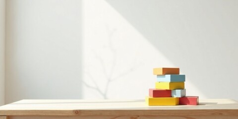 Poster - A stack of colorful blocks rests on a light wooden table against a bright white wall, bathed in sunlight.