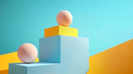 Poster - Pastel Spheres Resting on a Modern Abstract Geometric Three-Tiered Structure