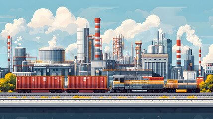 Poster - A vibrant, stylized illustration of an industrial landscape featuring a train, shipping containers, and factories under a blue sky with clouds