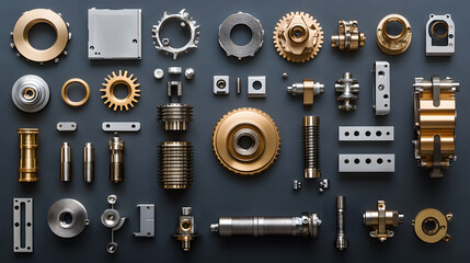 Poster - A collection of mechanical components and gears arranged aesthetically on a dark surface, showcasing intricate designs and metallic finishes