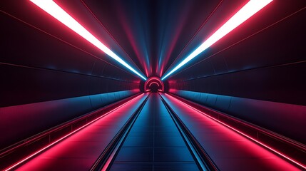 Wall Mural - Glowing neon tunnel perspective, long hallway, red and blue lights, futuristic use.