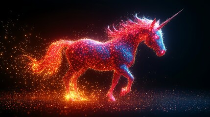 Wall Mural - glowing red and blue unicorn trotting on dark background, fantasy style image.