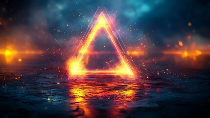 Wall Mural - glowing triangle on ground with fire sparks against dark sky for backgrounds.