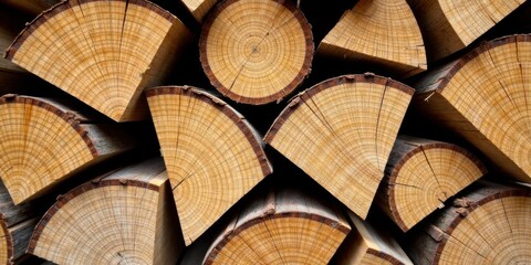 Poster - A Stack of Sawn Logs Showing Detailed Wood Grain Patterns and Annual Rings, a Textured Background of Natural Wooden Elements for Design and Decoration