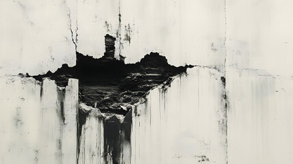 Poster - Abstract black and white artwork displaying a textured surface with cracks and dark patches, creating a striking contrast