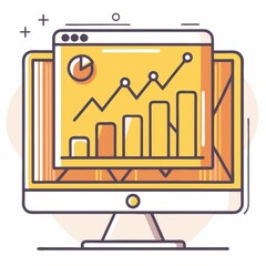 Wall Mural - A colorful illustration of a computer monitor displaying a bar graph and line chart, representing data analysis and business growth.