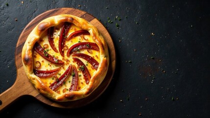 Poster - Baked Pastry with Sweet and Savory Filling Arranged in a Circular Pattern on a Wooden Board