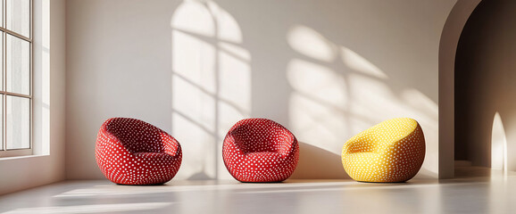 Aufkleber - Three colorful polka dot chairs in red, yellow, and white arranged in a minimalist room with soft lighting, showcasing contemporary design and comfort.