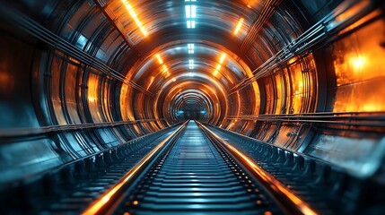 Wall Mural - Illuminated railway tunnel with orange lights and rails, for industrial design use.