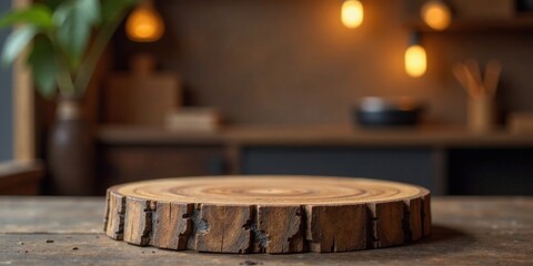 Poster - Rustic wooden slice on aged wood surface, warm lighting creates cozy ambiance, perfect for product display or culinary presentation
