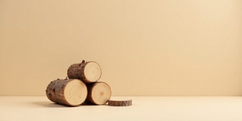 Poster - Rustic Wooden Logs Arranged on a Neutral Background, Ideal for Minimalist Product Displays or Nature-Inspired Designs