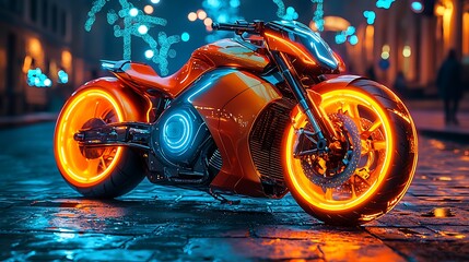 Wall Mural - orange motorcycle with neon light details on a wet street at night, for concepts.