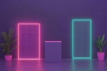 Poster - Minimalist Studio Display with Neon Grids and Plants