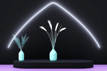 Poster - minimalist still life with pastel vases, dried flowers, and neon arch