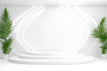 Poster - Minimalist White Product Display with Three-Tiered Podium and Tropical Plants