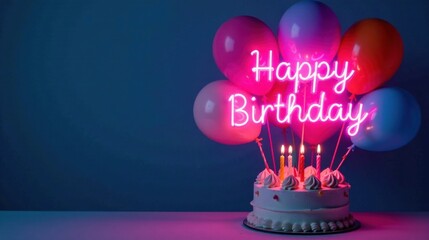 Poster - A Festive Birthday Cake Decorated with Neon Sign and Balloons