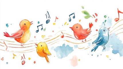  A cheerful watercolor illustration of colorful birds singing joyfully on a branch, surrounded by musical notes and splashes of vibrant colors.