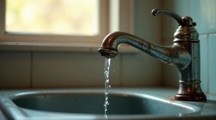 Poster - Aged Metal Faucet with Water Flowing into a Rustic Sink