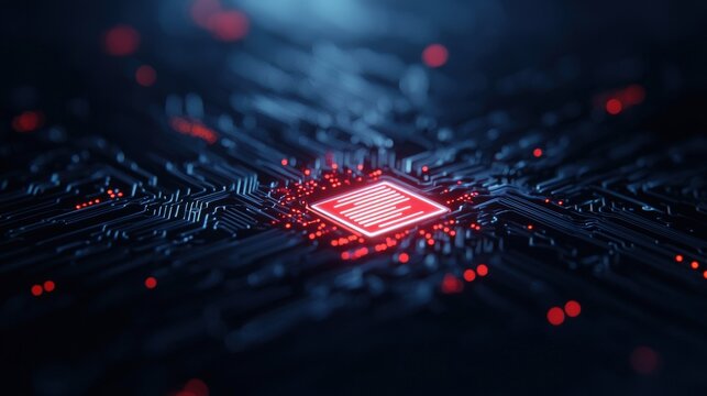 Circuit board with red light indicating technology risk and copy space for text or graphics