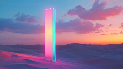 Poster - A glowing vertical prism radiates soft rainbow colors in the serene desert landscape at sunset, symbolizing futuristic beauty, minimalism, and abstract art in nature.