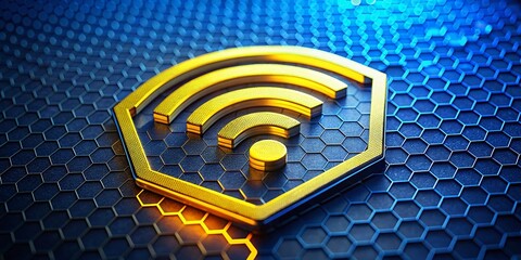 Poster - Futuristic Wireless Tech: Glowing Yellow Hex Grid Macro 3D Render - Digital Connectivity & Communication Network