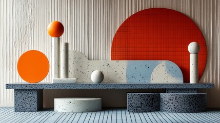 Poster - Geometric Still Life with Terrazzo and Bright Spheres, Modern Abstraction