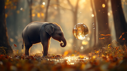 Poster - A baby elephant walking through a forest with autumn leaves, interacting with floating bubbles at sunset, symbolizing innocence, magic, and the beauty of nature.