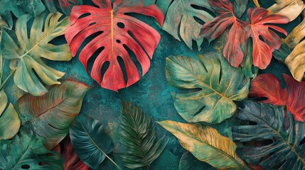 Wall Mural - Vibrant Tropical Leaf Collage: A Lush Tapestry of Exotic Foliage